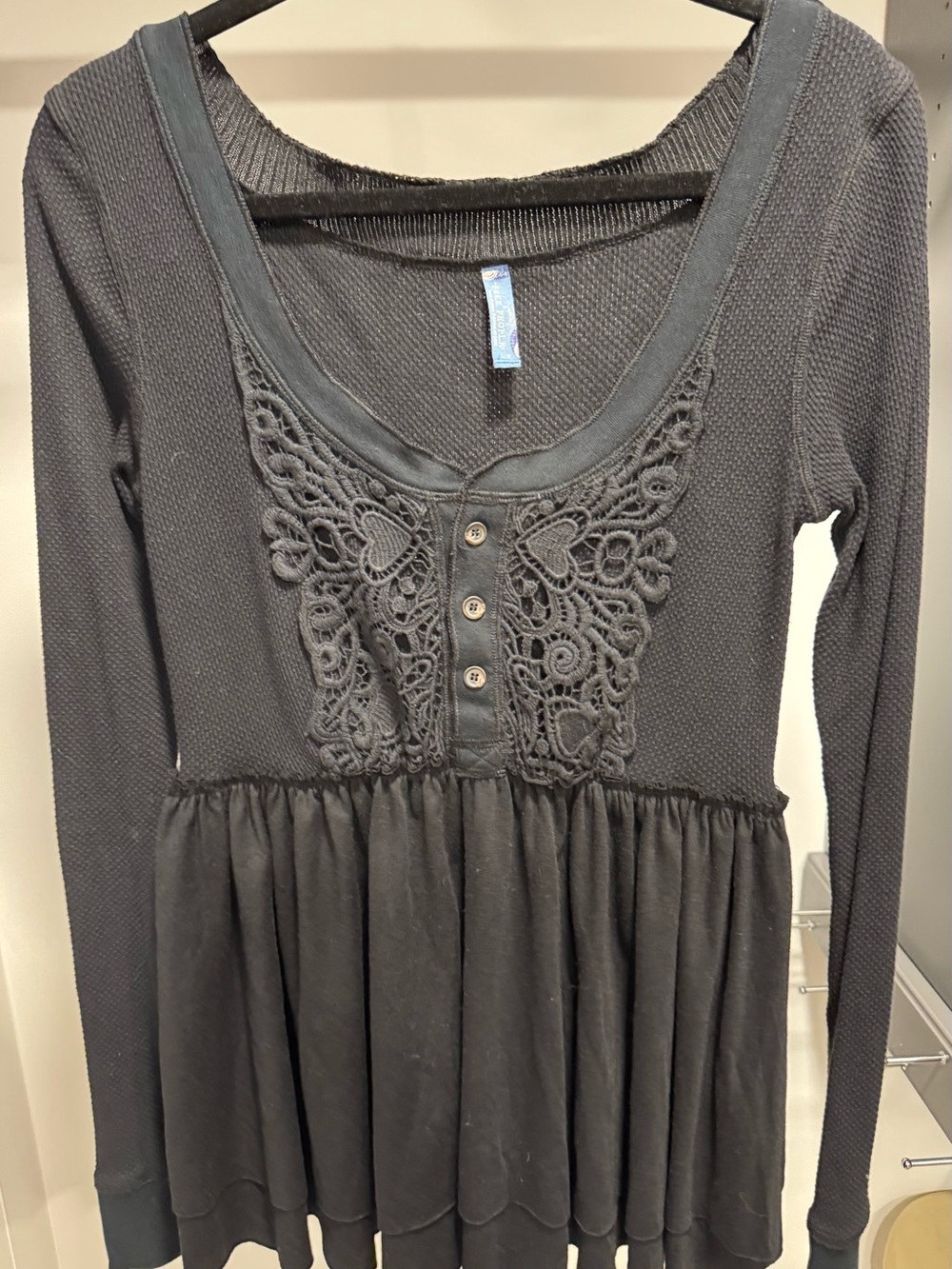 Free People Black Long Sleeve Crochet Peplum Top